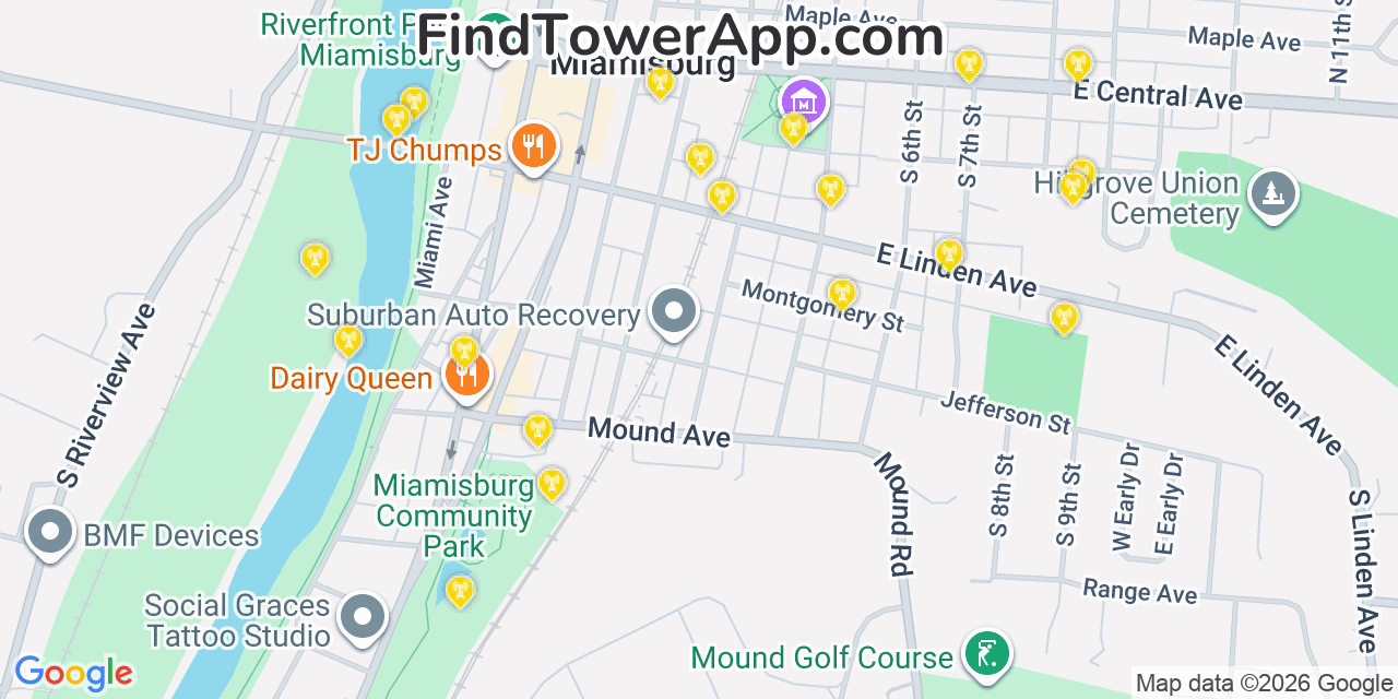 Map showing the 20 primary cell tower locations detected in Miamisburg, Ohio from AT&T, Verizon, and T-Mobile networks