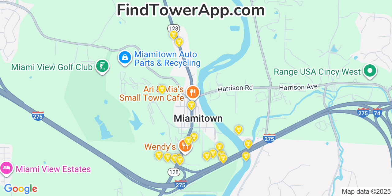 Map showing the 20 primary cell tower locations detected in Miamitown, Ohio from AT&T, Verizon, and T-Mobile networks