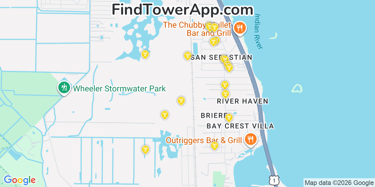 Map showing the 20 primary cell tower locations detected in Micco, Florida from AT&T, Verizon, and T-Mobile networks