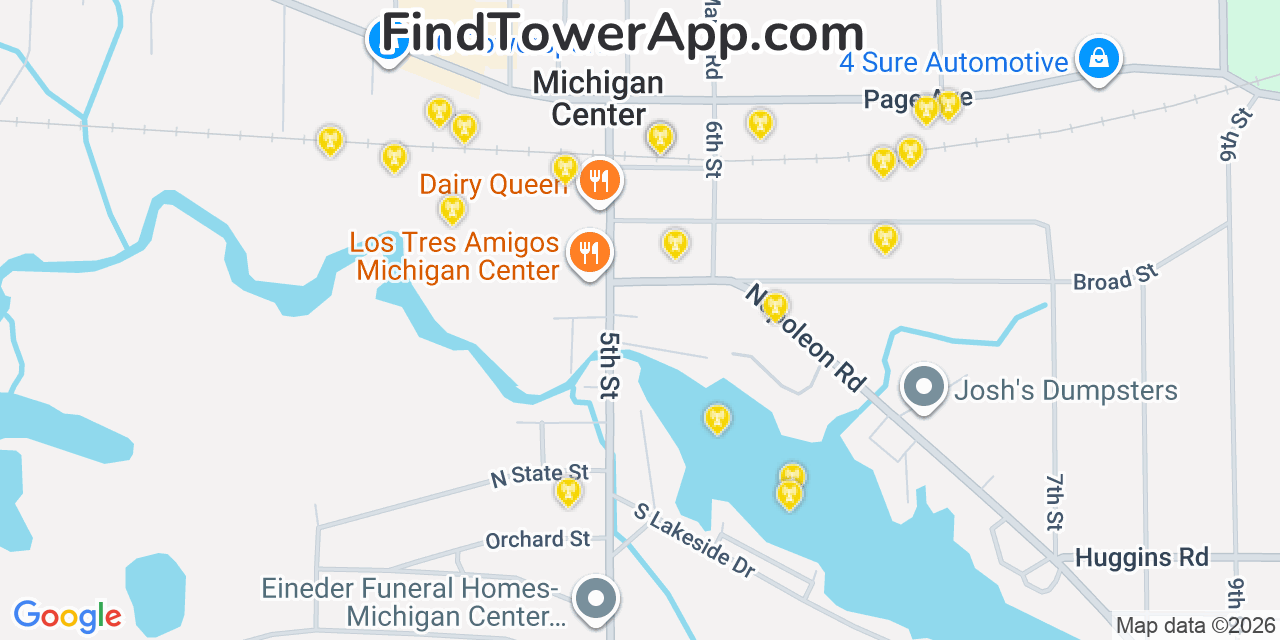 Map showing the 20 primary cell tower locations detected in Michigan Center, Michigan from AT&T, Verizon, and T-Mobile networks
