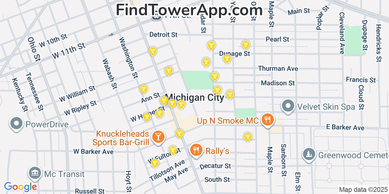 Map showing the 20 primary cell tower locations detected in Michigan City, Indiana from AT&T, Verizon, and T-Mobile networks