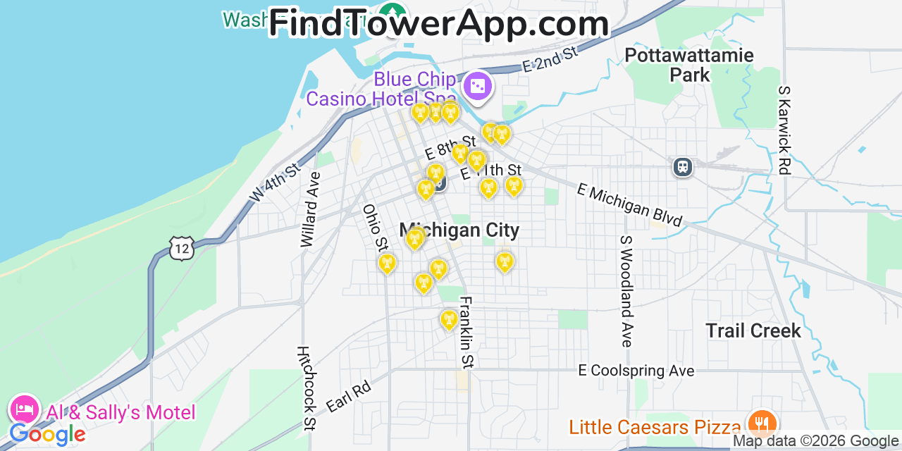 Map showing the 20 primary cell tower locations detected in Michigan City, Indiana from AT&T, Verizon, and T-Mobile networks