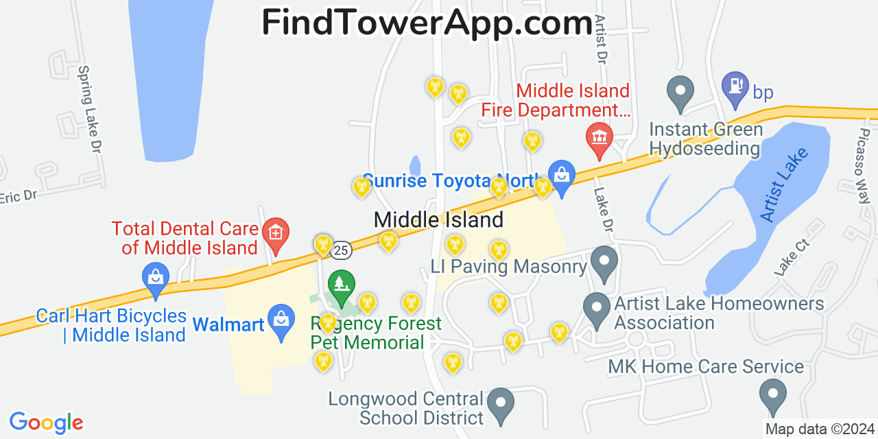 AT&T 4G/5G cell tower coverage map Middle Island, New York