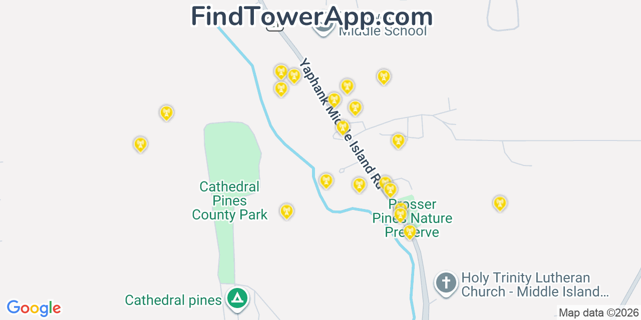 Map showing the 20 primary cell tower locations detected in Middle Island, New York from AT&T, Verizon, and T-Mobile networks