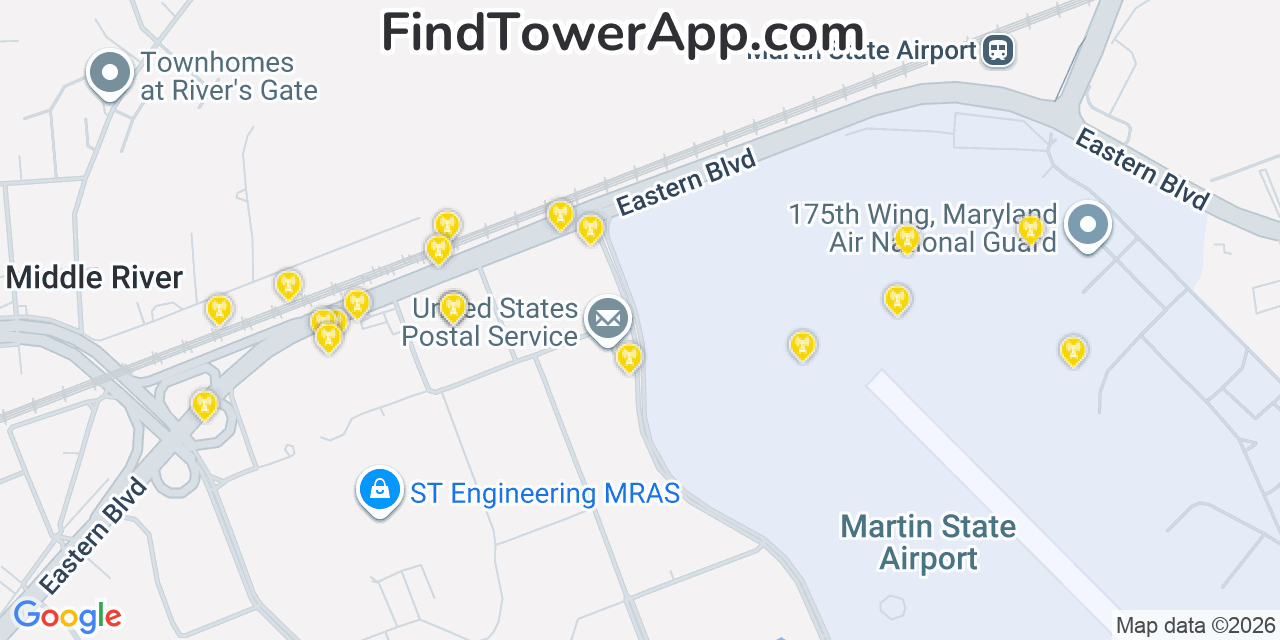 Map showing the 20 primary cell tower locations detected in Middle River, Maryland from AT&T, Verizon, and T-Mobile networks