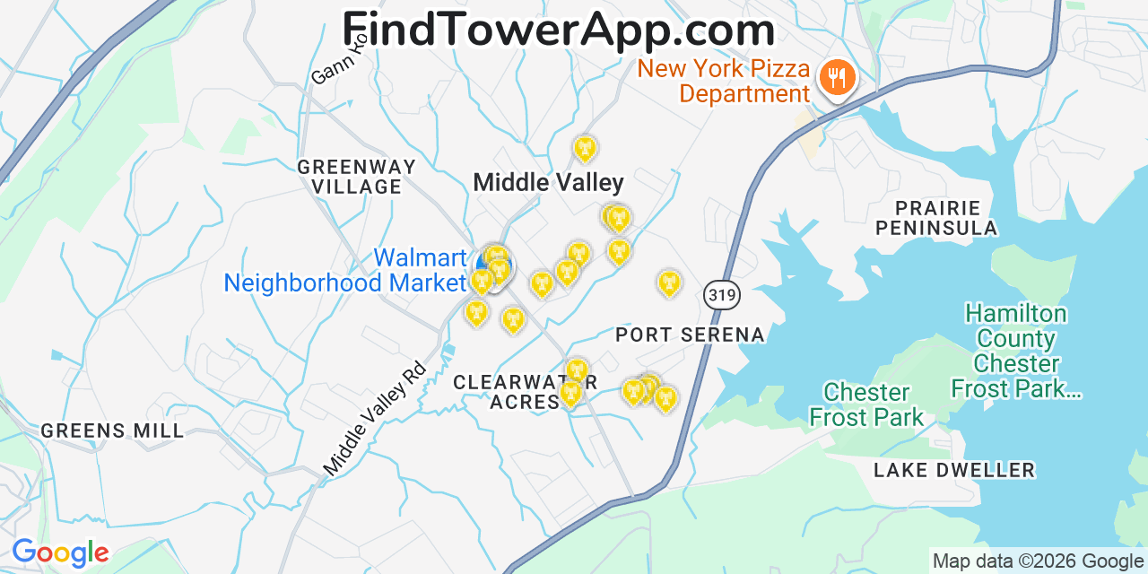 Map showing the 20 primary cell tower locations detected in Middle Valley, Tennessee from AT&T, Verizon, and T-Mobile networks