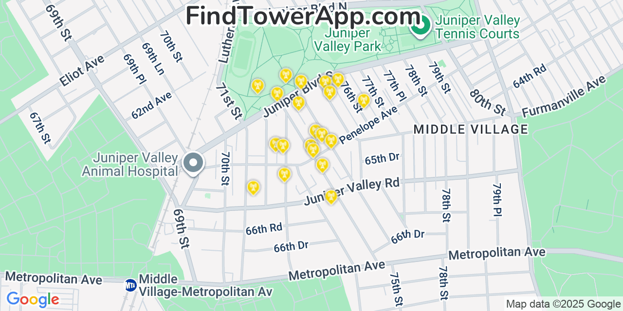 Map showing the 20 primary cell tower locations detected in Middle Village, New York from AT&T, Verizon, and T-Mobile networks