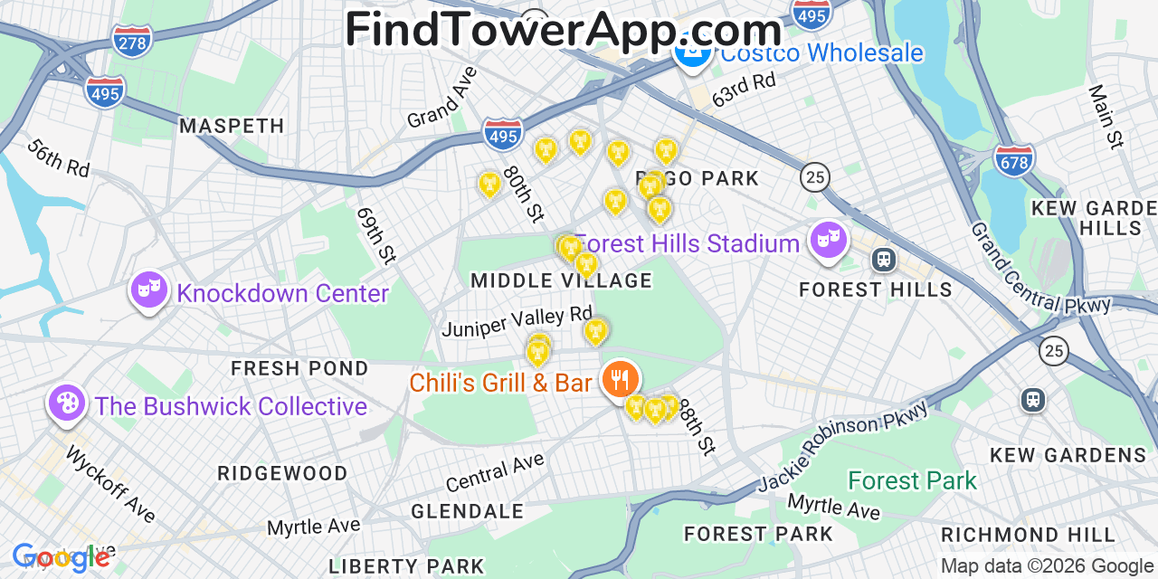 Map showing the 20 primary cell tower locations detected in Middle Village, New York from AT&T, Verizon, and T-Mobile networks