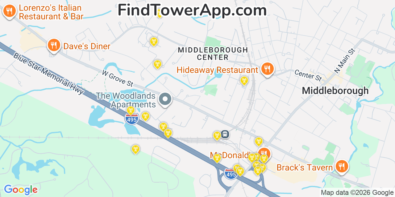 Map showing the 20 primary cell tower locations detected in Middleborough Center, Massachusetts from AT&T, Verizon, and T-Mobile networks
