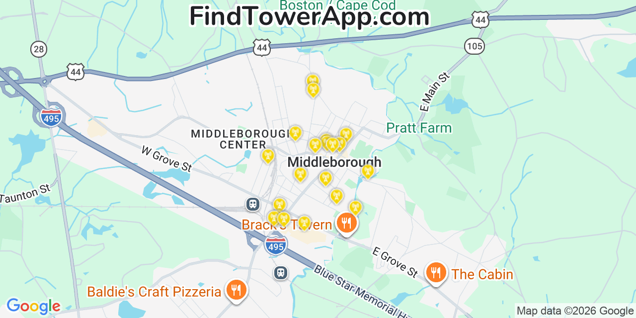 Map showing the 20 primary cell tower locations detected in Middleborough, Massachusetts from AT&T, Verizon, and T-Mobile networks