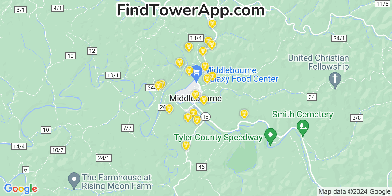 AT&T 4G/5G cell tower coverage map Middlebourne, West Virginia