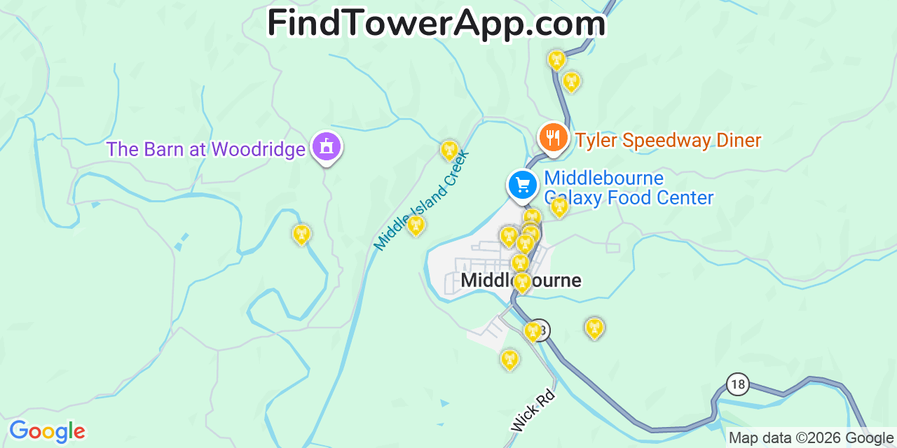 Map showing the 20 primary cell tower locations detected in Middlebourne, West Virginia from AT&T, Verizon, and T-Mobile networks