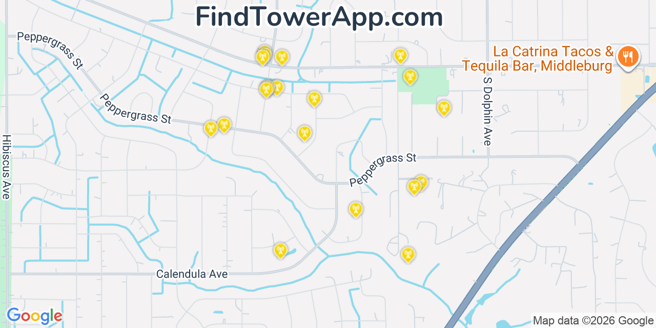 Map showing the 20 primary cell tower locations detected in Middleburg, Florida from AT&T, Verizon, and T-Mobile networks