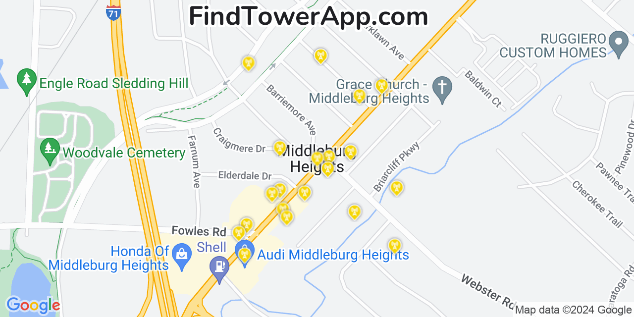 AT&T 4G/5G cell tower coverage map Middleburg Heights, Ohio