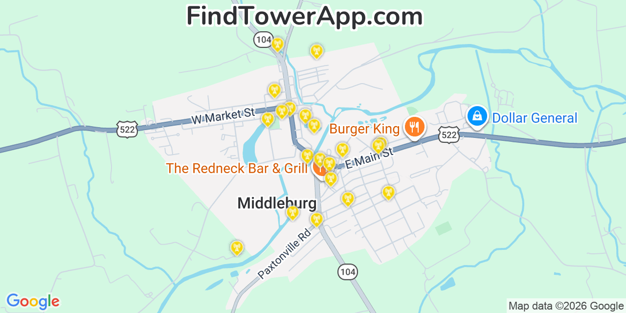 Map showing the 20 primary cell tower locations detected in Middleburg, Pennsylvania from AT&T, Verizon, and T-Mobile networks