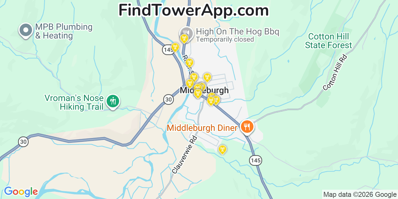 Map showing the 20 primary cell tower locations detected in Middleburgh, New York from AT&T, Verizon, and T-Mobile networks