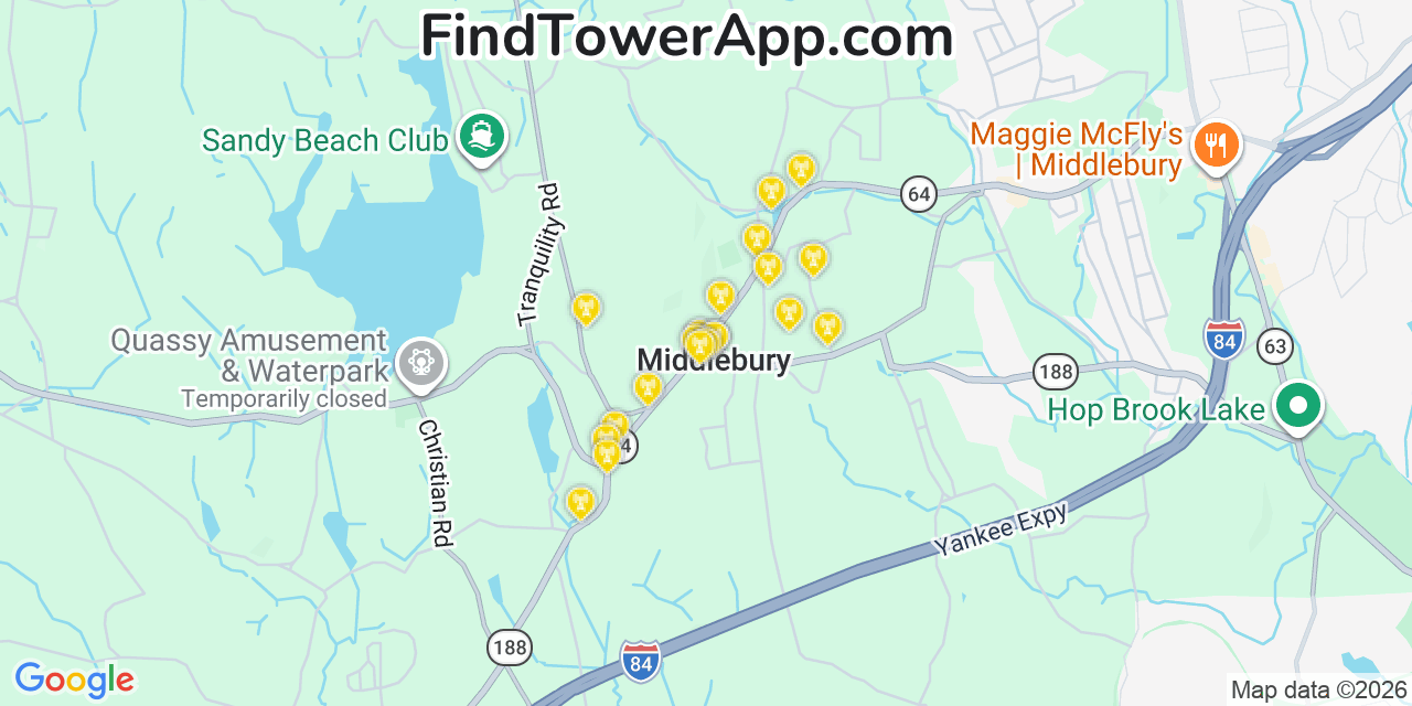 Map showing the 20 primary cell tower locations detected in Middlebury, Connecticut from AT&T, Verizon, and T-Mobile networks