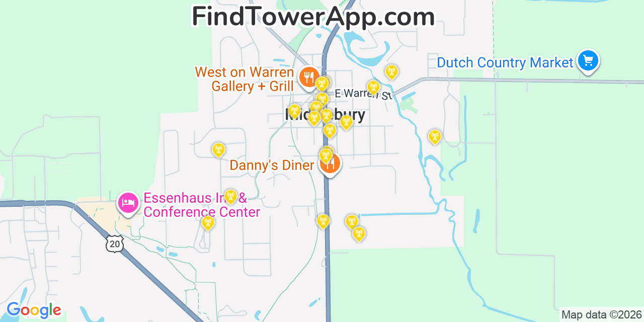 Map showing the 20 primary cell tower locations detected in Middlebury, Indiana from AT&T, Verizon, and T-Mobile networks