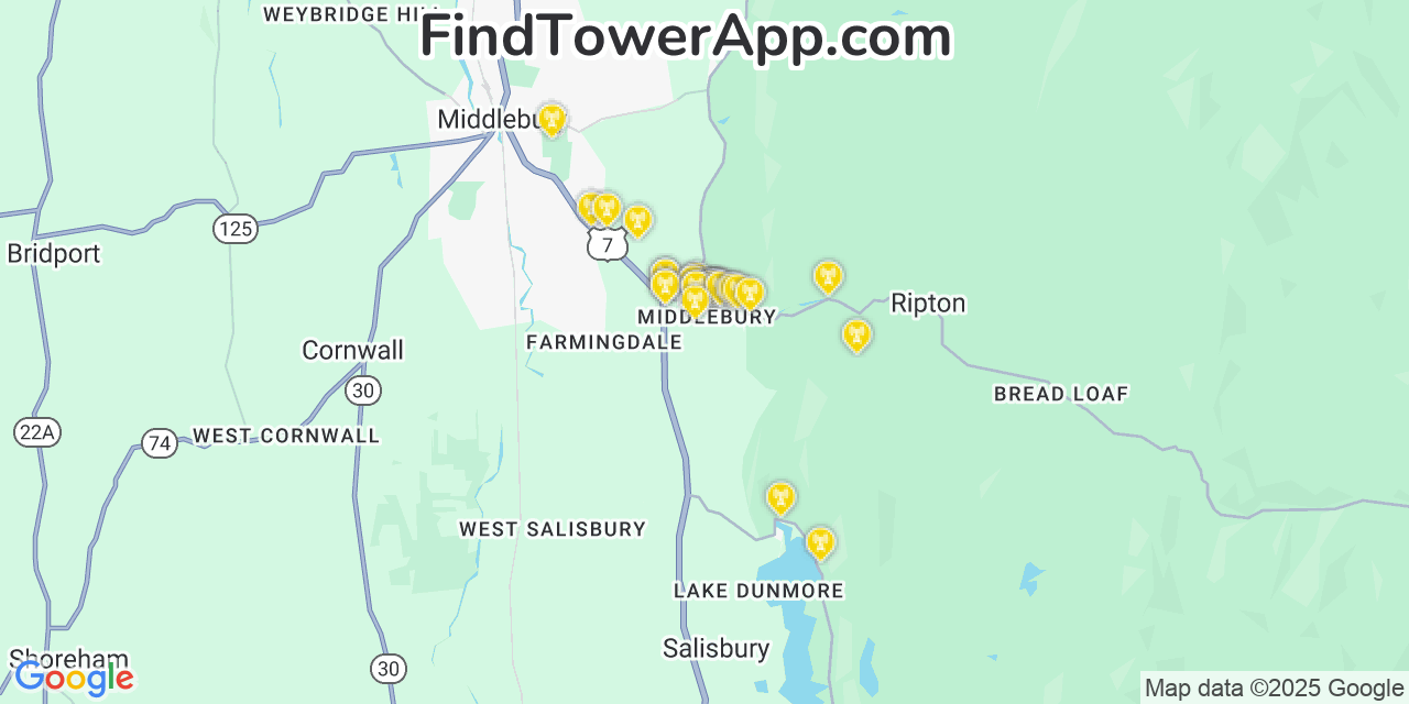 Map showing the 30 primary AT&T cell tower locations detected in Middlebury (Village), Vermont with coverage radius and signal strength indicators