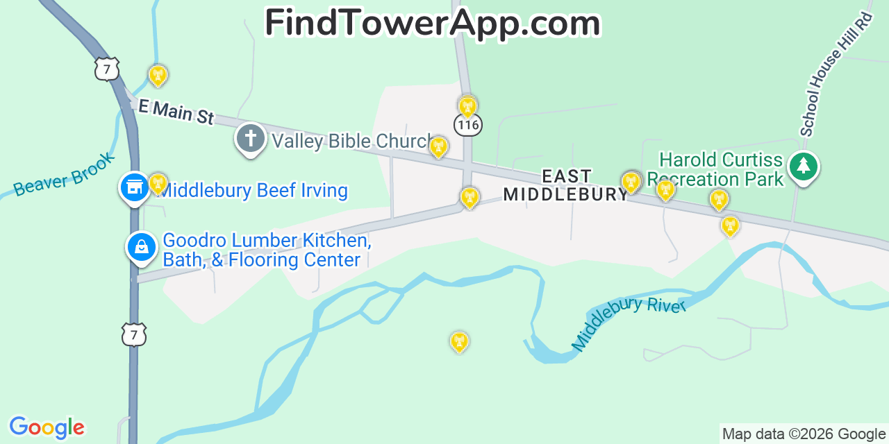 Map showing the 20 primary cell tower locations detected in Middlebury (Village), Vermont from AT&T, Verizon, and T-Mobile networks
