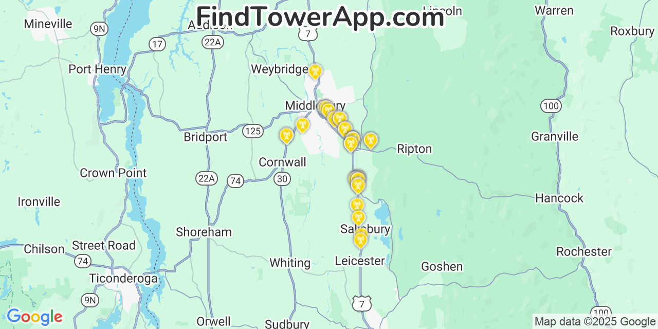 Map showing the 37 primary T-Mobile cell tower locations detected in Middlebury (Village), Vermont with coverage radius and signal strength indicators
