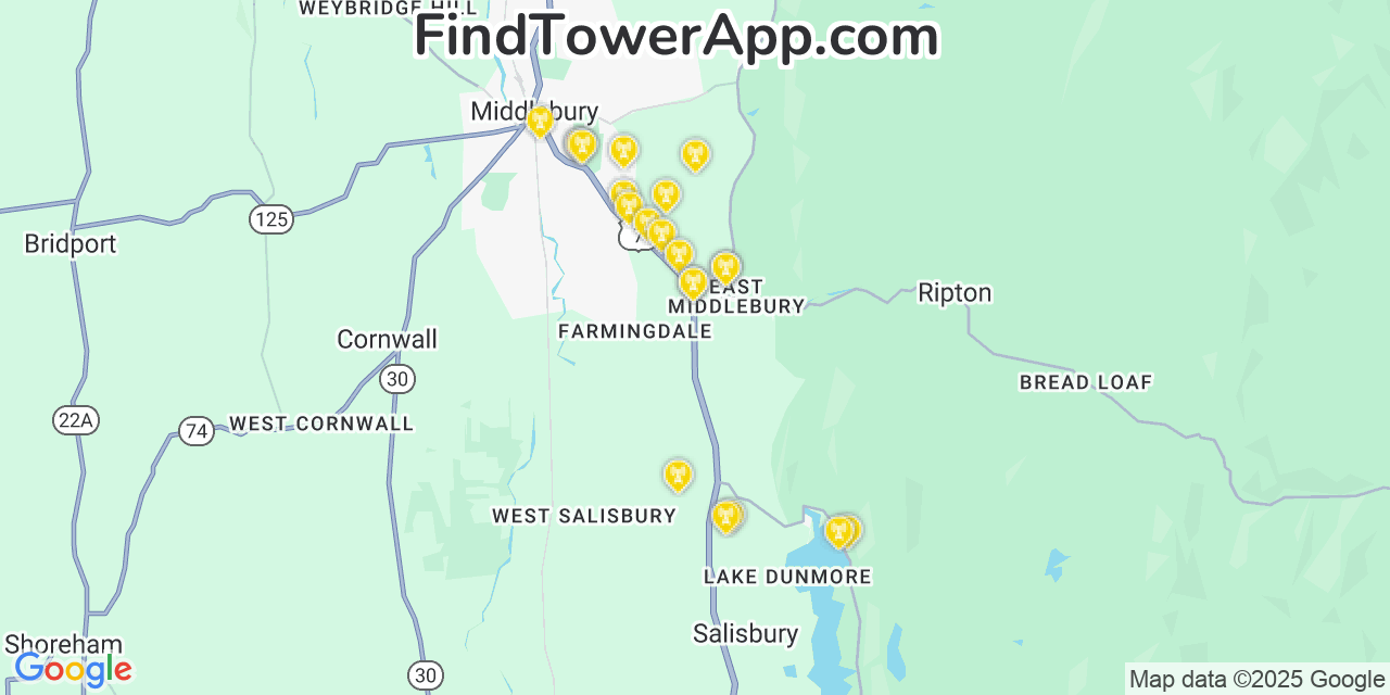 Map showing the 21 primary Verizon cell tower locations detected in Middlebury (Village), Vermont with coverage radius and signal strength indicators