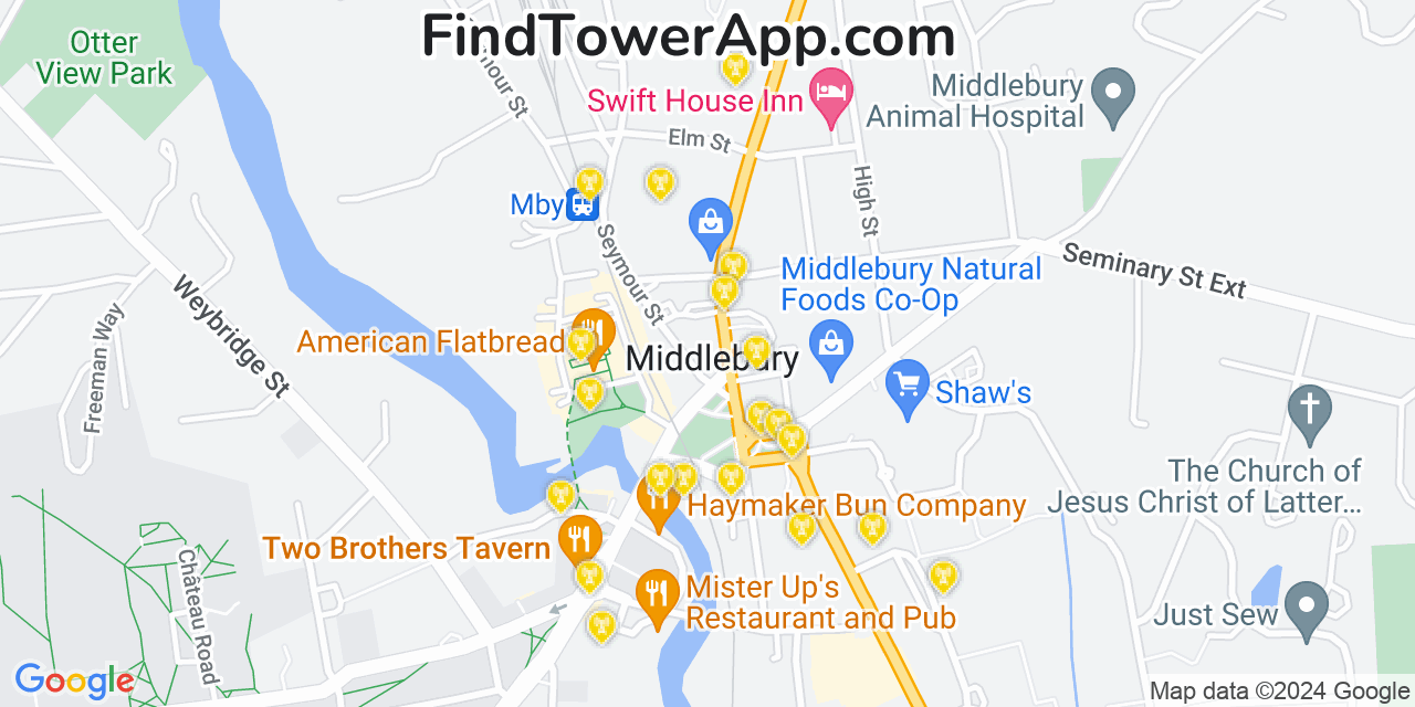 AT&T 4G/5G cell tower coverage map Middlebury (village), Vermont