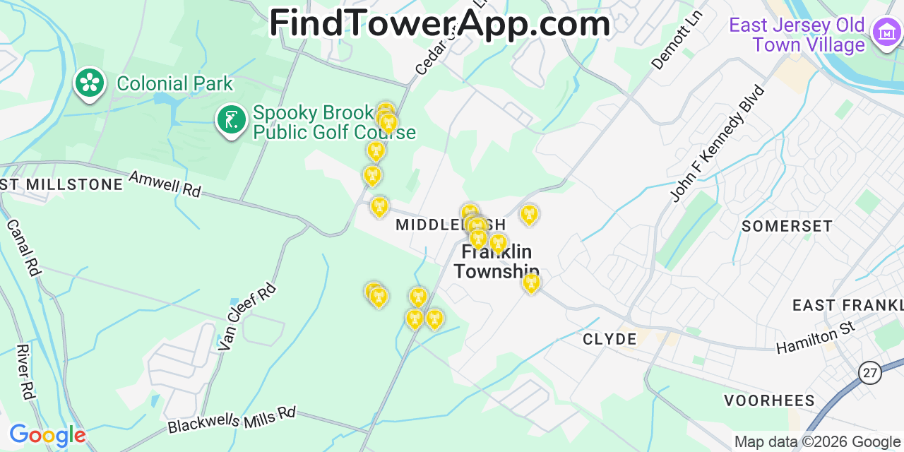Map showing the 20 primary cell tower locations detected in Middlebush, New Jersey from AT&T, Verizon, and T-Mobile networks