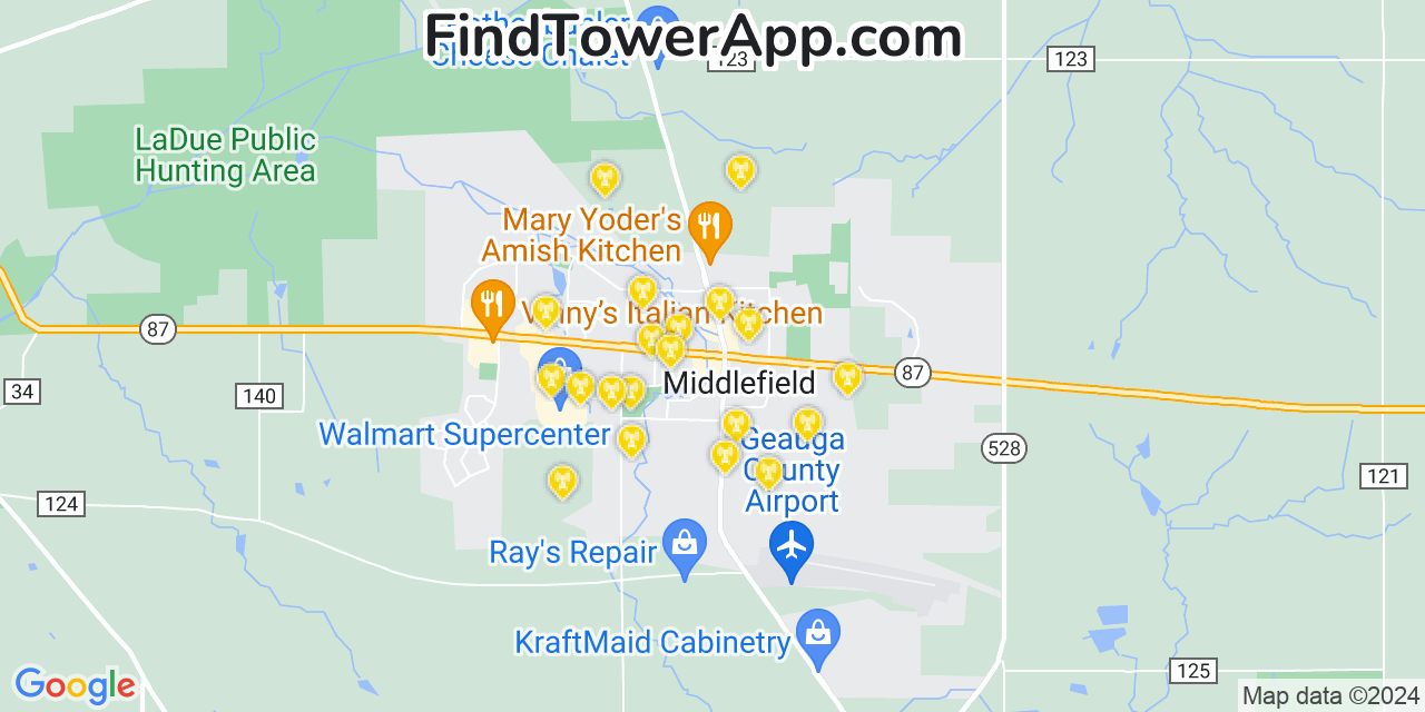 AT&T 4G/5G cell tower coverage map Middlefield, Ohio