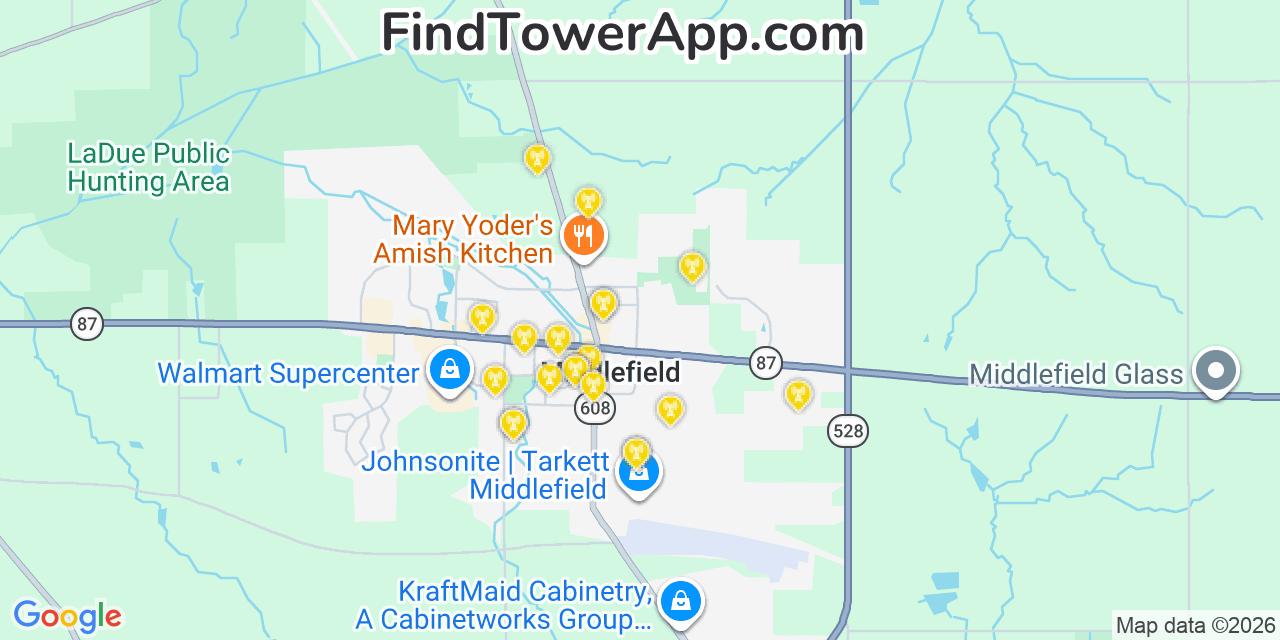 Map showing the 20 primary cell tower locations detected in Middlefield, Ohio from AT&T, Verizon, and T-Mobile networks