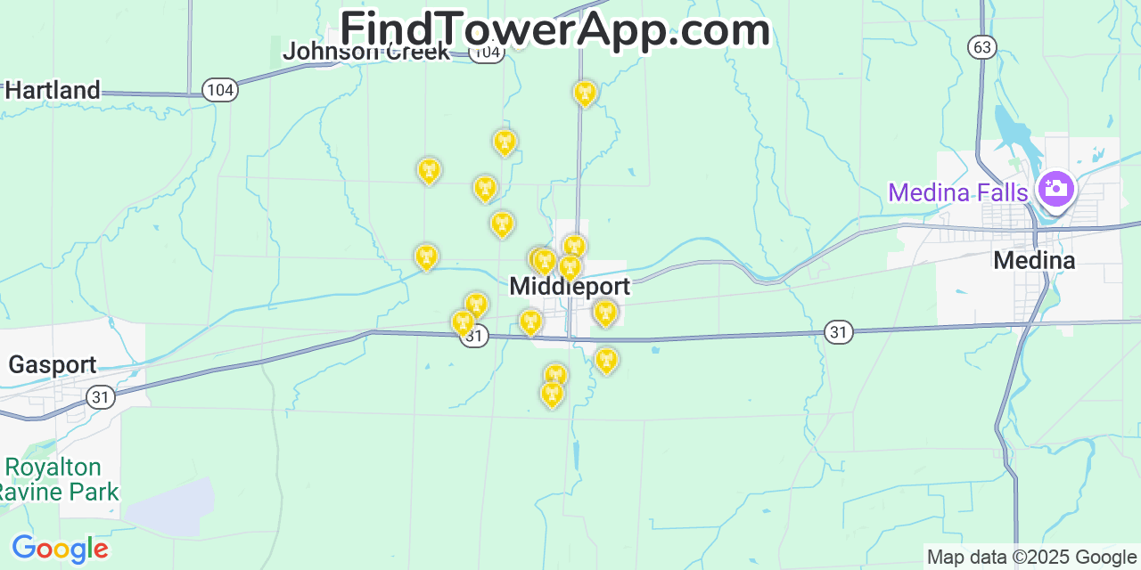 Map showing the 20 primary cell tower locations detected in Middleport, New York from AT&T, Verizon, and T-Mobile networks