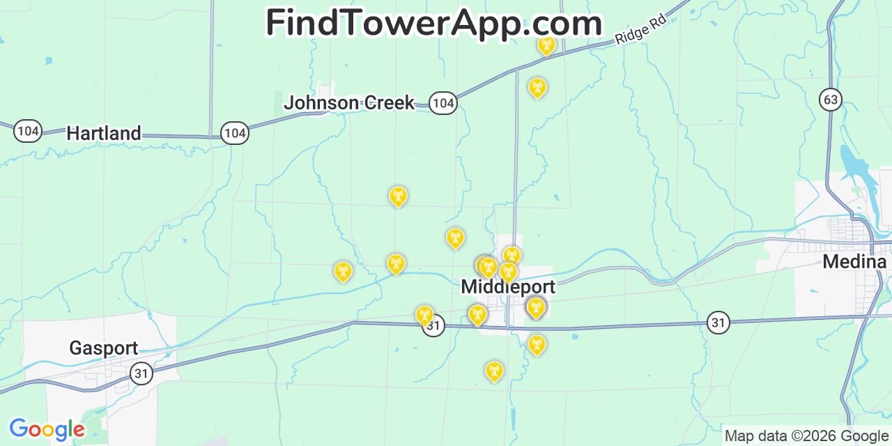 Map showing the 20 primary cell tower locations detected in Middleport, New York from AT&T, Verizon, and T-Mobile networks