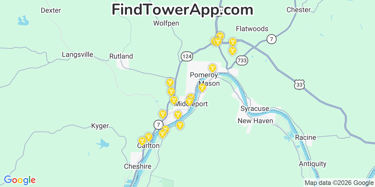 Map showing the 20 primary cell tower locations detected in Middleport, Ohio from AT&T, Verizon, and T-Mobile networks