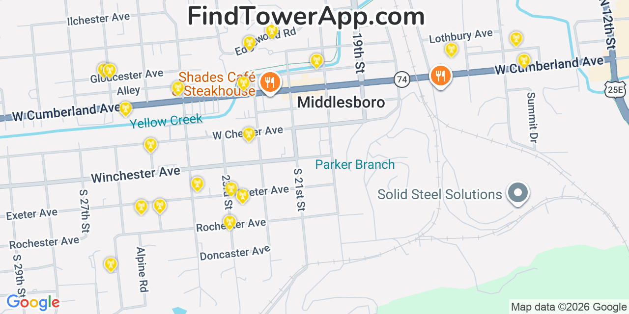 Map showing the 20 primary cell tower locations detected in Middlesboro, Kentucky from AT&T, Verizon, and T-Mobile networks