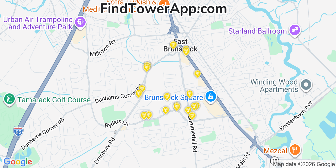 Map showing the 20 primary cell tower locations detected in Middlesex, New Jersey from AT&T, Verizon, and T-Mobile networks