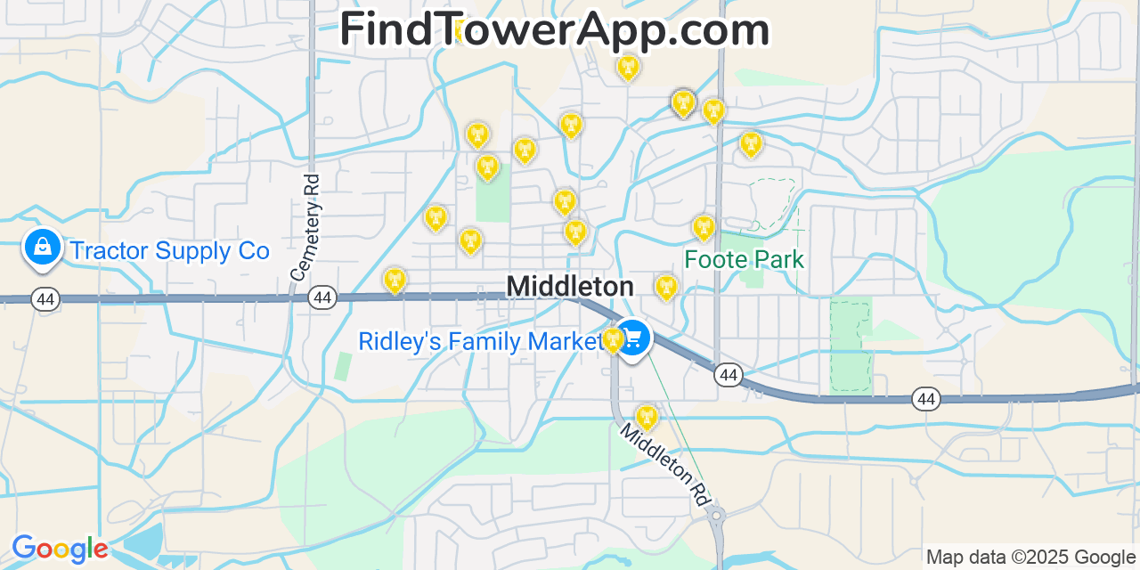 Map showing the 20 primary cell tower locations detected in Middleton, Idaho from AT&T, Verizon, and T-Mobile networks