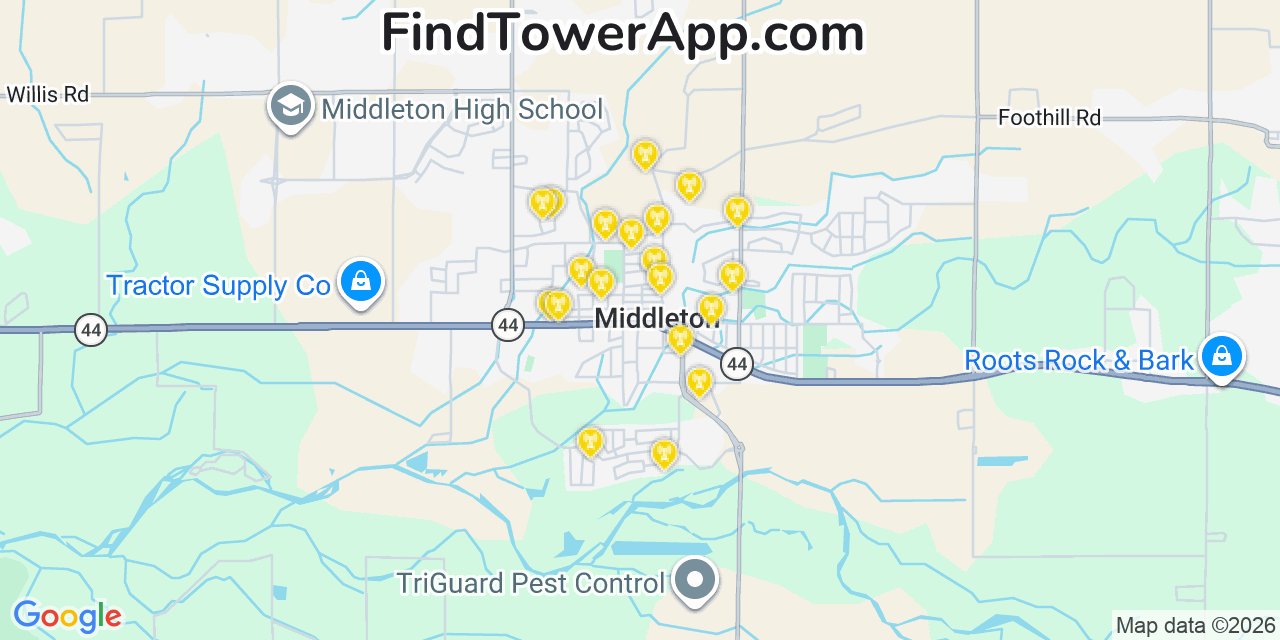 Map showing the 20 primary cell tower locations detected in Middleton, Idaho from AT&T, Verizon, and T-Mobile networks