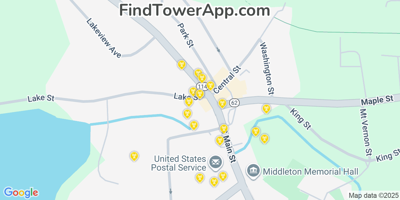 Map showing the 20 primary cell tower locations detected in Middleton, Massachusetts from AT&T, Verizon, and T-Mobile networks