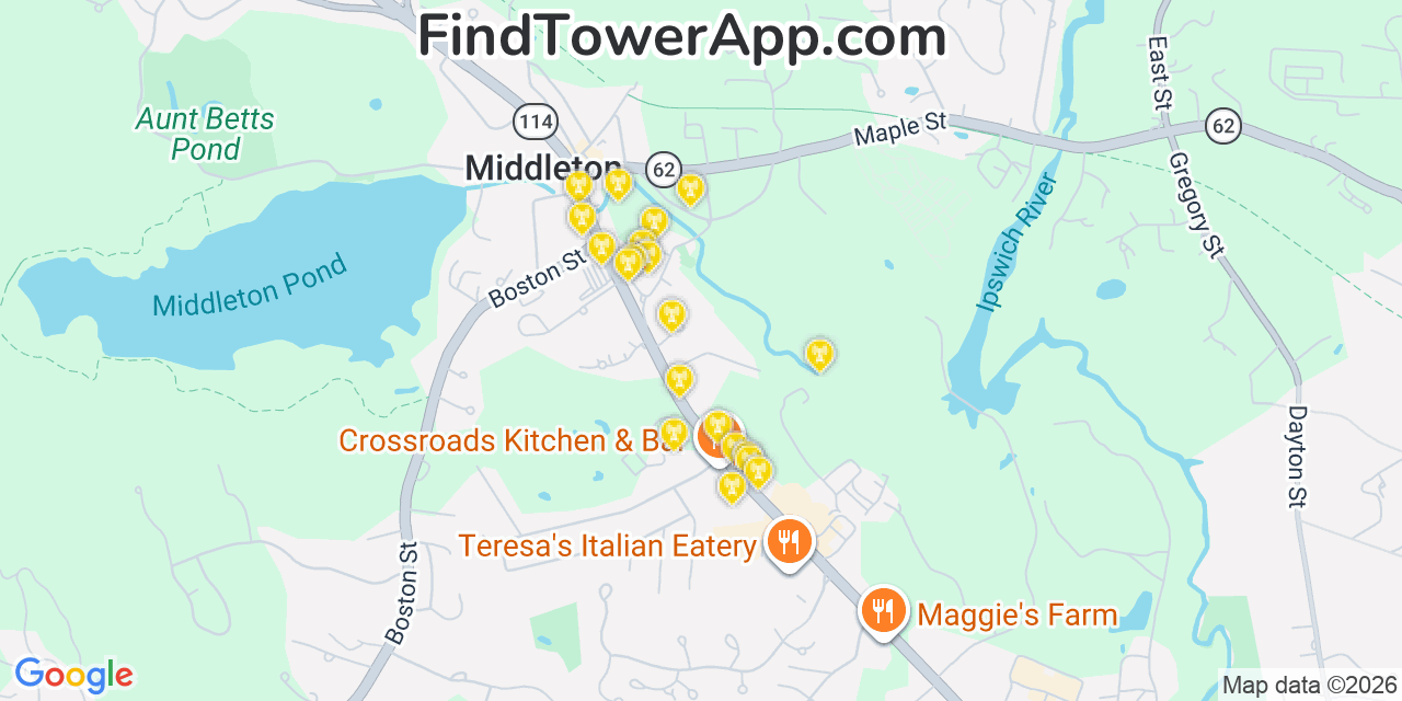 Map showing the 20 primary cell tower locations detected in Middleton, Massachusetts from AT&T, Verizon, and T-Mobile networks