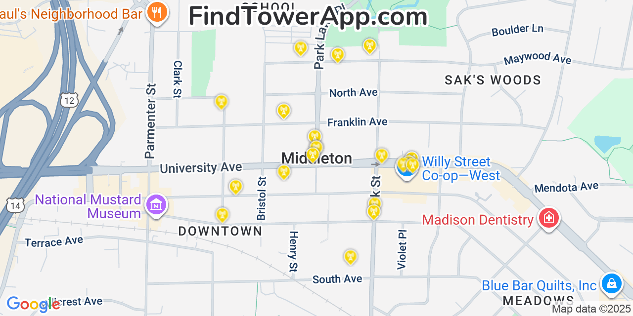 Map showing the 20 primary cell tower locations detected in Middleton, Wisconsin from AT&T, Verizon, and T-Mobile networks