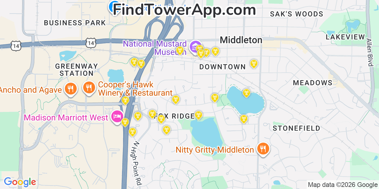 Map showing the 20 primary cell tower locations detected in Middleton, Wisconsin from AT&T, Verizon, and T-Mobile networks