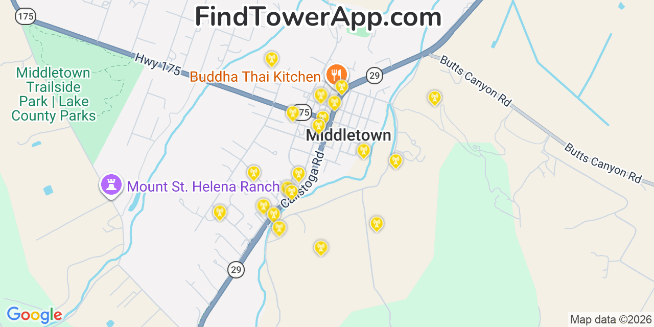 Map showing the 20 primary cell tower locations detected in Middletown, California from AT&T, Verizon, and T-Mobile networks
