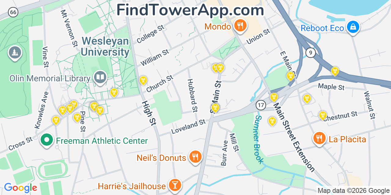 Map showing the 20 primary cell tower locations detected in Middletown, Connecticut from AT&T, Verizon, and T-Mobile networks