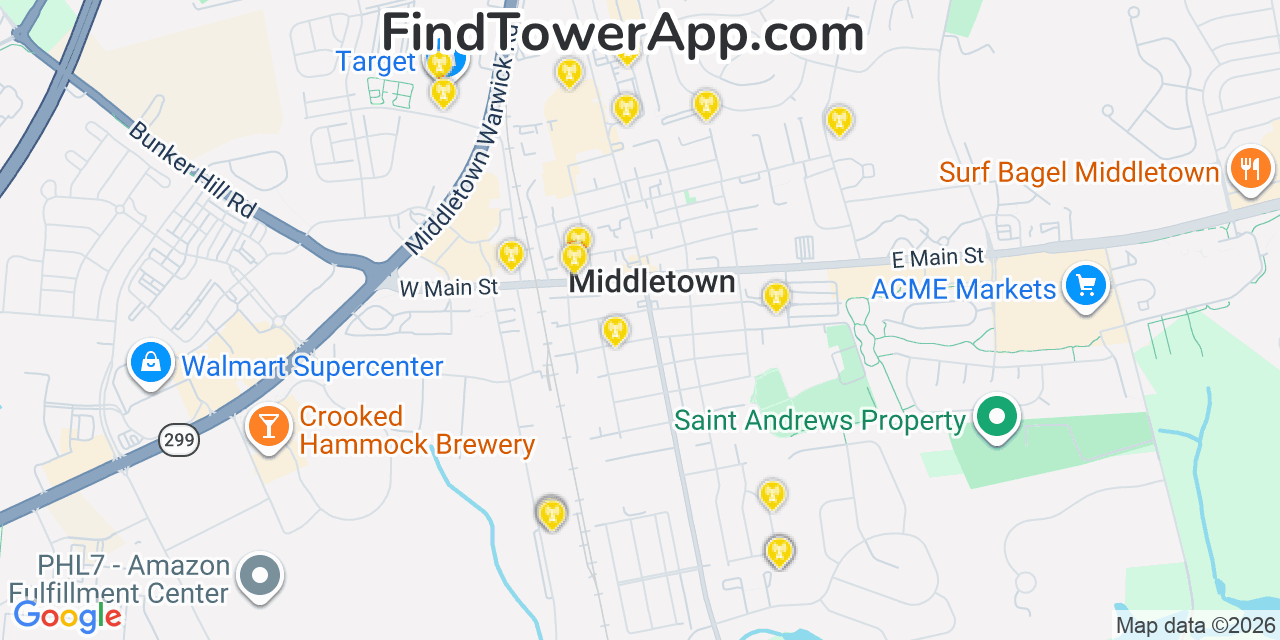 Map showing the 20 primary cell tower locations detected in Middletown, Delaware from AT&T, Verizon, and T-Mobile networks