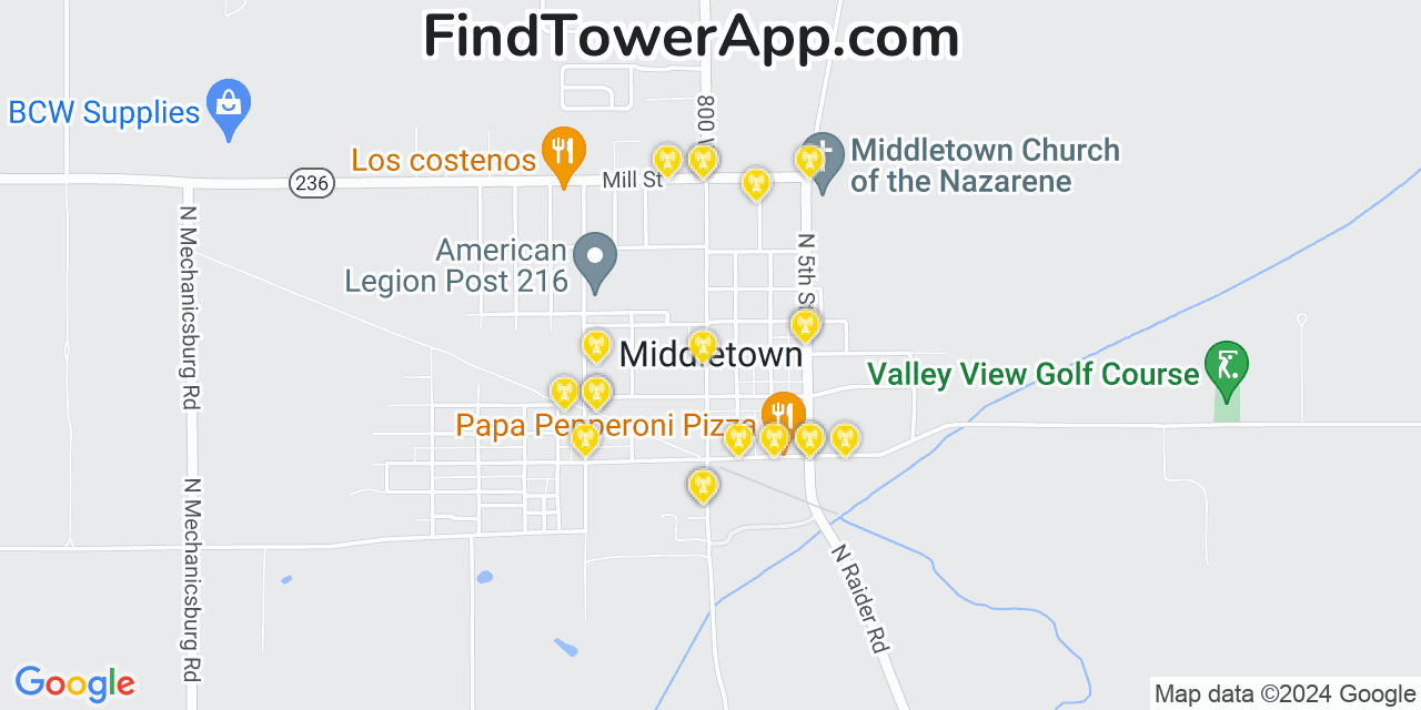 AT&T 4G/5G cell tower coverage map Middletown, Indiana