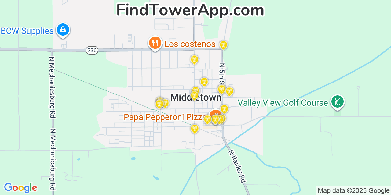 Map showing the 20 primary cell tower locations detected in Middletown, Indiana from AT&T, Verizon, and T-Mobile networks