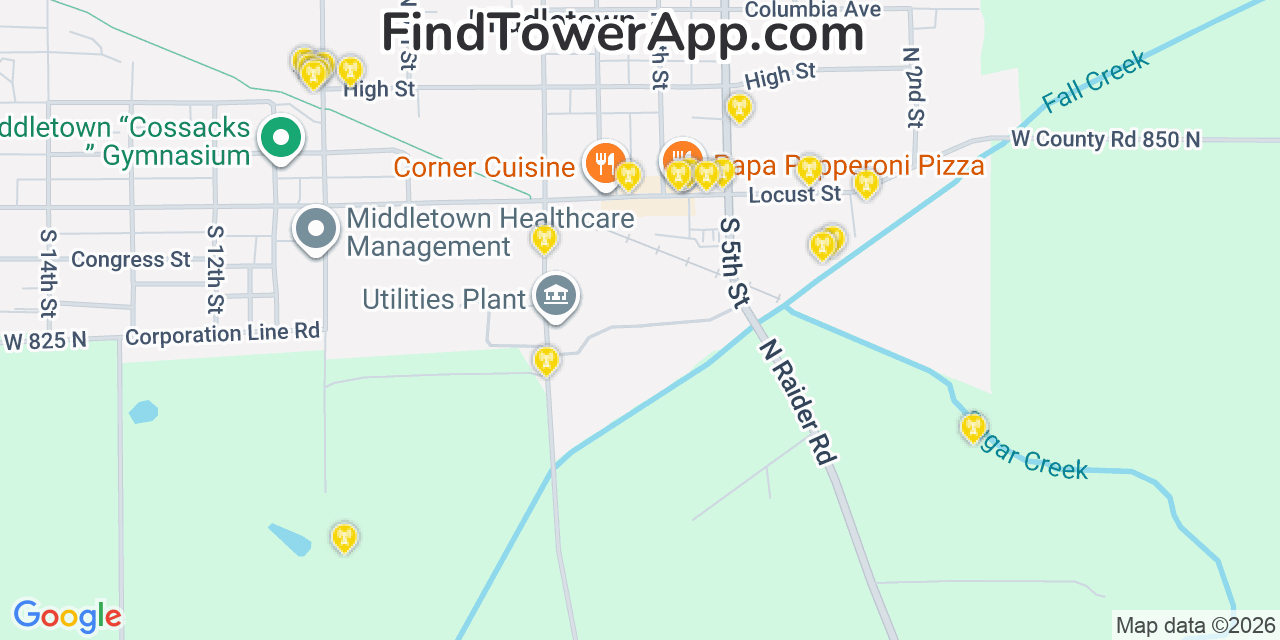 Map showing the 20 primary cell tower locations detected in Middletown, Indiana from AT&T, Verizon, and T-Mobile networks