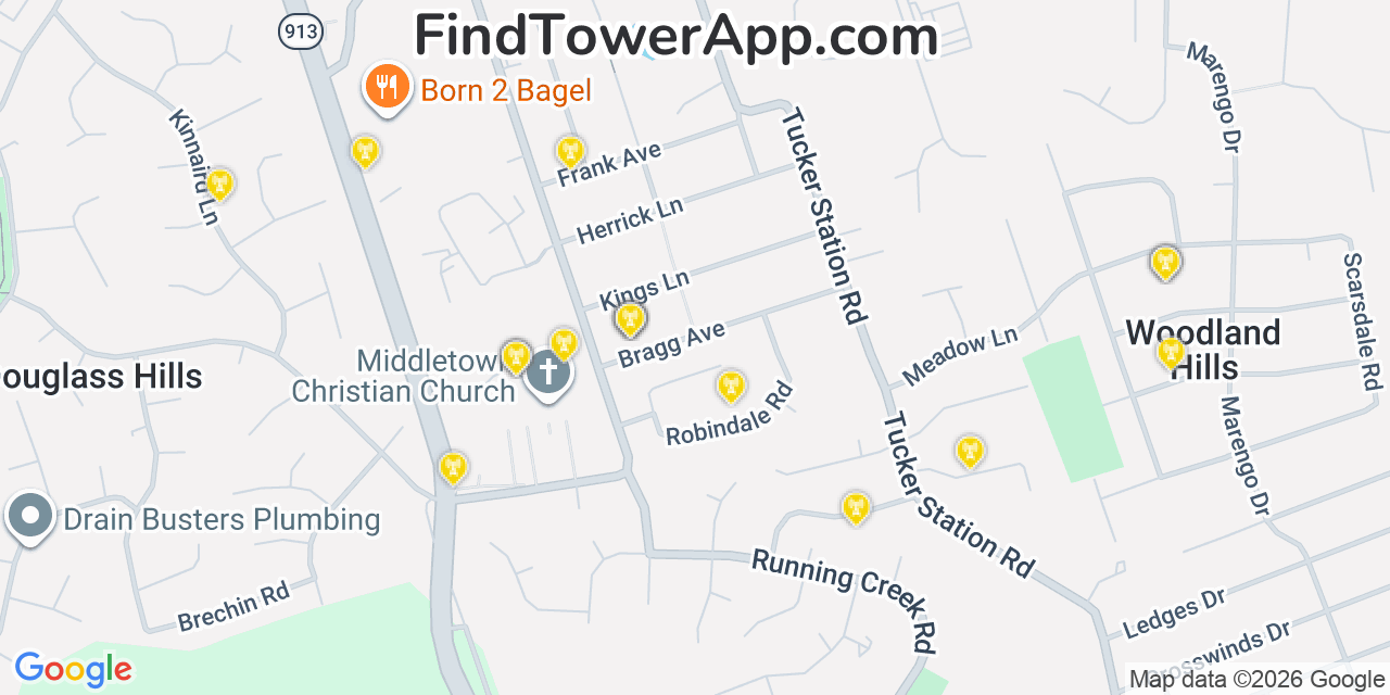 Map showing the 20 primary cell tower locations detected in Middletown, Kentucky from AT&T, Verizon, and T-Mobile networks