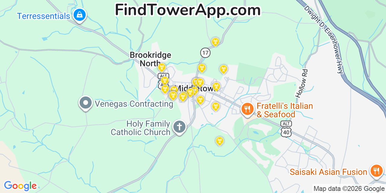 Map showing the 20 primary cell tower locations detected in Middletown, Maryland from AT&T, Verizon, and T-Mobile networks