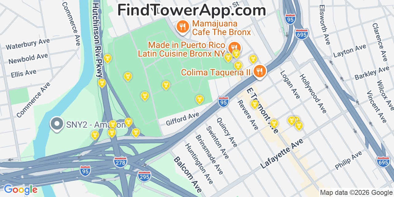 Map showing the 20 primary cell tower locations detected in Middletown, New York from AT&T, Verizon, and T-Mobile networks